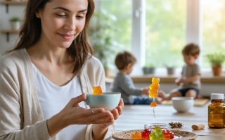 A single mother enjoying a peaceful moment with a CBD gummy in a serene home setting, symbolizing tranquility and stress relief amid her busy daily routine.