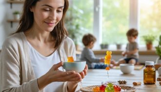 A single mother enjoying a peaceful moment with a CBD gummy in a serene home setting, symbolizing tranquility and stress relief amid her busy daily routine.