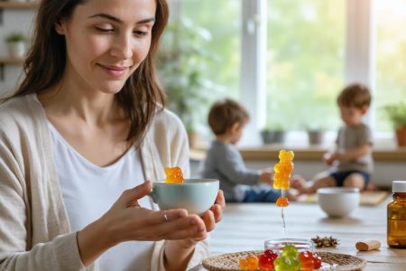 A single mother enjoying a peaceful moment with a CBD gummy in a serene home setting, symbolizing tranquility and stress relief amid her busy daily routine.