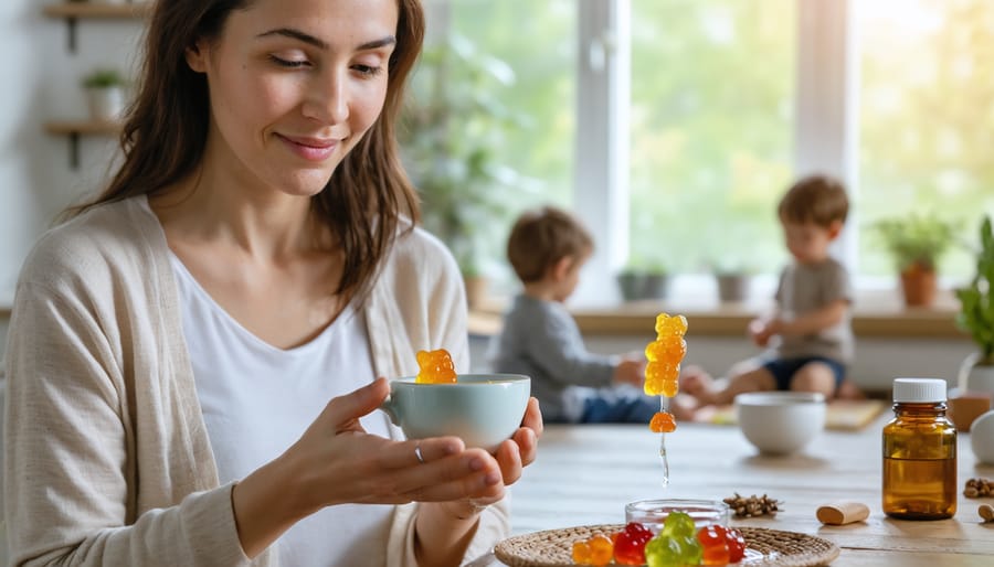 A single mother enjoying a peaceful moment with a CBD gummy in a serene home setting, symbolizing tranquility and stress relief amid her busy daily routine.