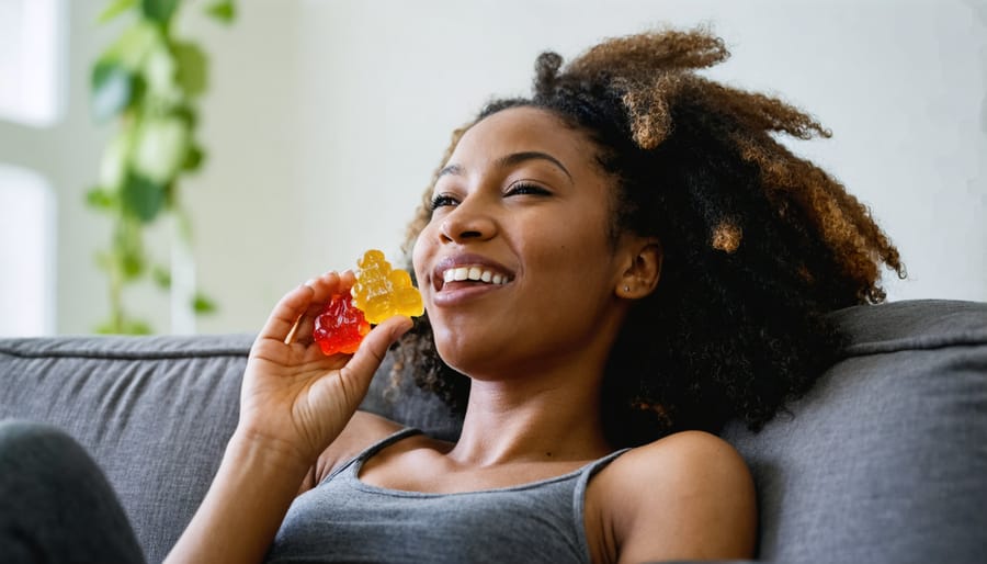 Single mother enjoying CBD gummies in a relaxing setting