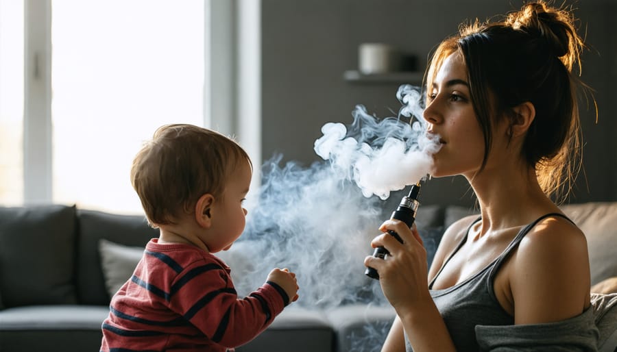 Single mother vaping with children playing in the background