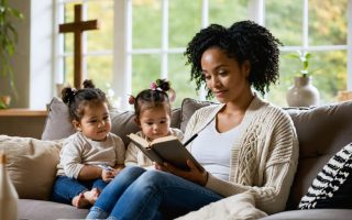 A single mother journaling in her living room, surrounded by her children, with symbols of community support and faith in the background.