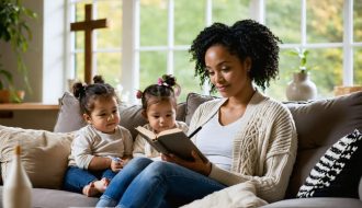 A single mother journaling in her living room, surrounded by her children, with symbols of community support and faith in the background.