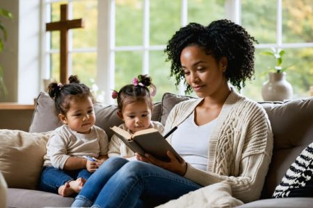 A single mother journaling in her living room, surrounded by her children, with symbols of community support and faith in the background.