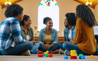 A diverse group of single mothers gathered in a church hall, participating in a supportive discussion with spiritual symbols in the background.