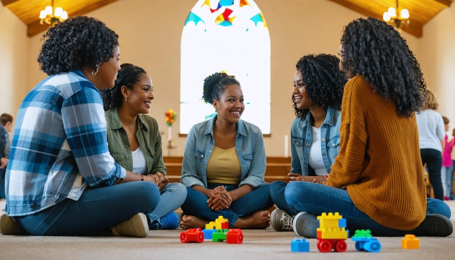 A diverse group of single mothers gathered in a church hall, participating in a supportive discussion with spiritual symbols in the background.