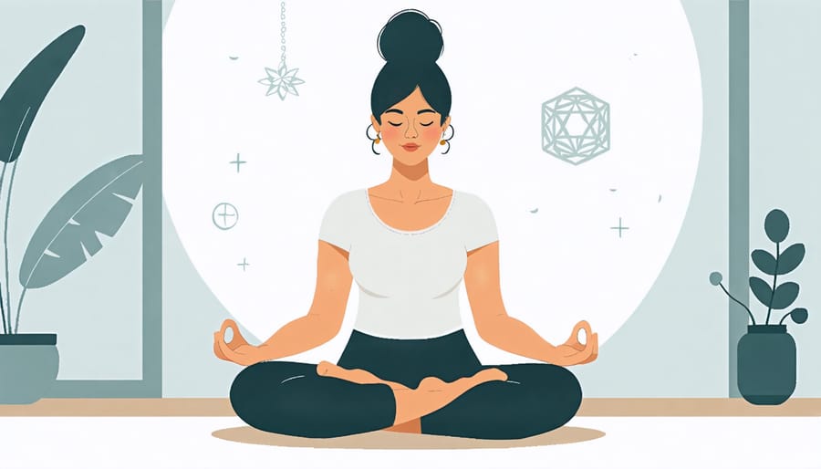 Single mother engaging in meditation and self-care practices at home with calming spiritual elements