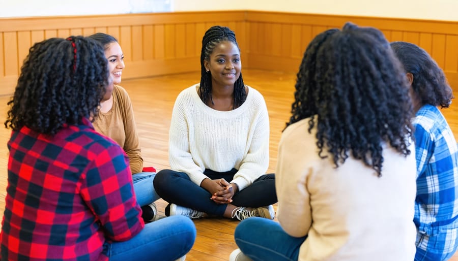 Women of different backgrounds participating in a support group meeting, sharing experiences in a welcoming environment